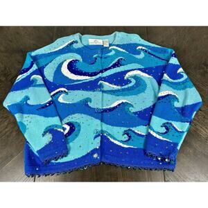Design Options Philip & Jane Gordon Cardigan Sweater Ocean Waves Sequins Size XL